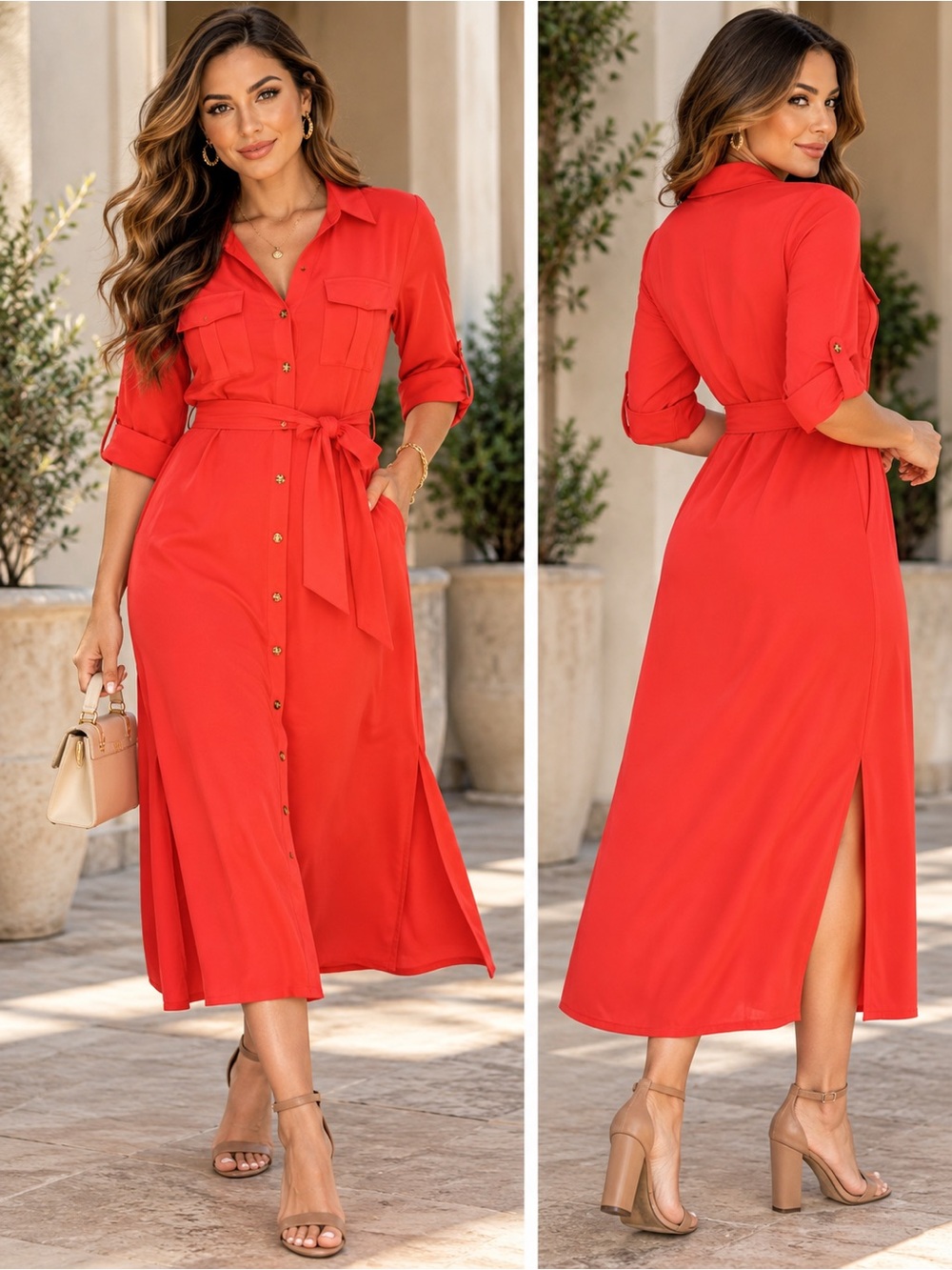 Glamour Orange Coral Maxi Shirt Dress Size 14 Belted Gold Buttons